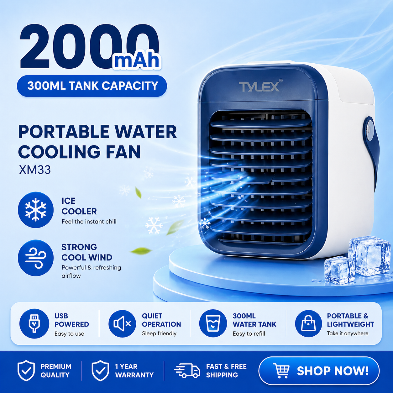 WHITE - TYLEX XM33 Portable Water Air Cooling Fan Multi-Function 3 Speed Mode