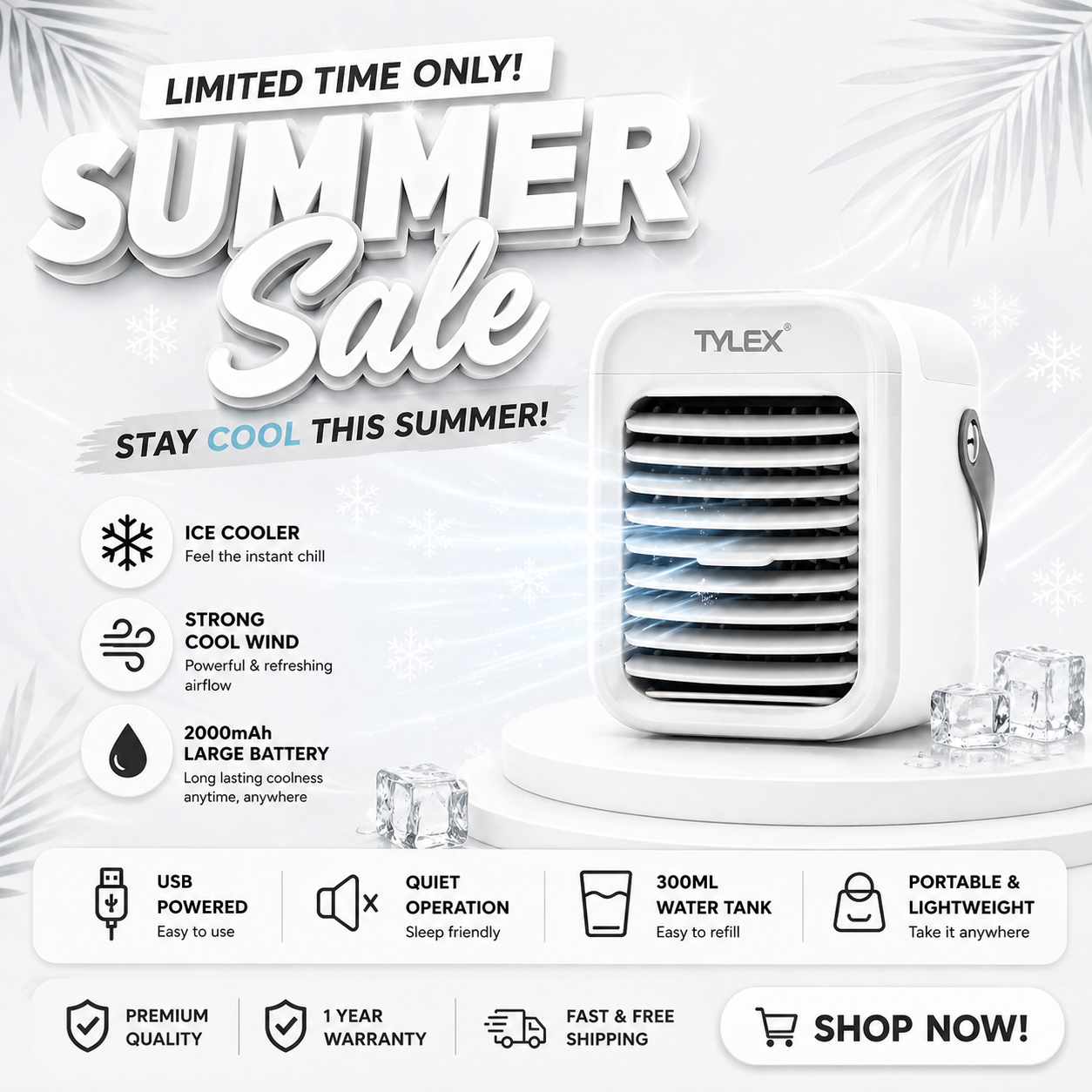 BLUE - TYLEX XM33 Portable Water Air Cooling Fan Multi-Function 3 Speed Mode
