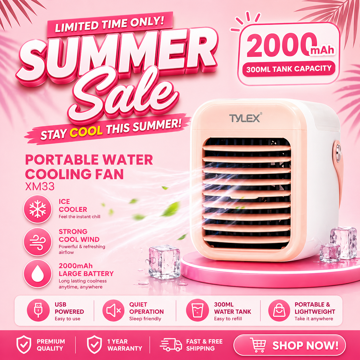PINK - TYLEX XM33 Portable Water Air Cooling Fan Multi-Function 3 Speed Mode